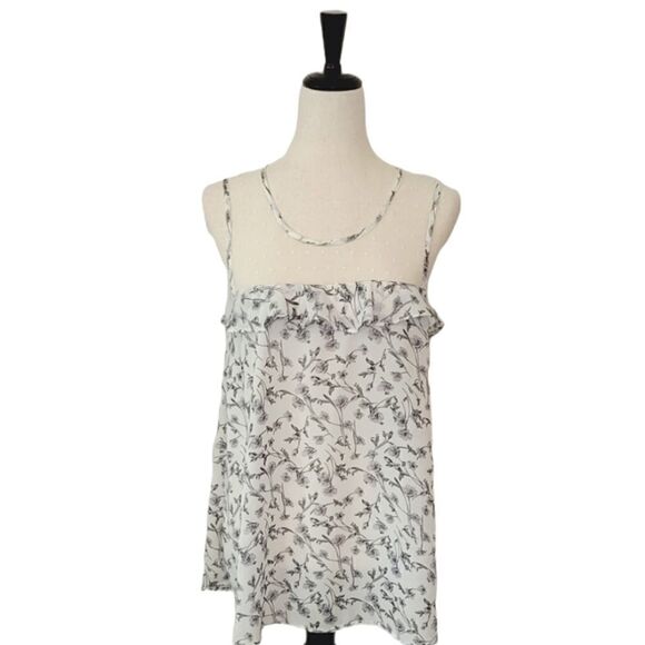 Entro White & Gray Floral Ruffle Lace Keyhole Sleeveless Sheer Blouse Size L - Picture 1 of 8
